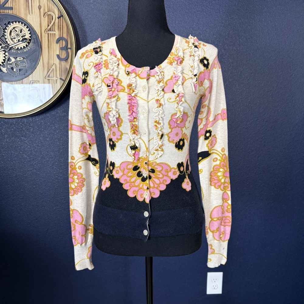 Charlotte Tarantola Pink and Navy Floral Print Ruffle Cardigan | Size XS